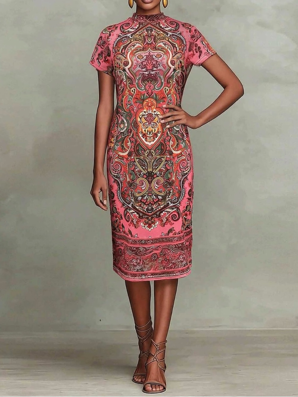 Pink Paisley-Print Short Sleeve Shift Dress